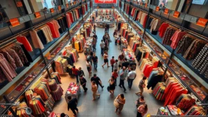 Overhead shot of vibrant Platinum Fashion Mall interior showing multiple vendor stalls with colorful clothing displays, diverse shoppers browsing merchandise, warm lighting highlighting fabric textures and colors, bustling Bangkok fashion marketplace atmosphere