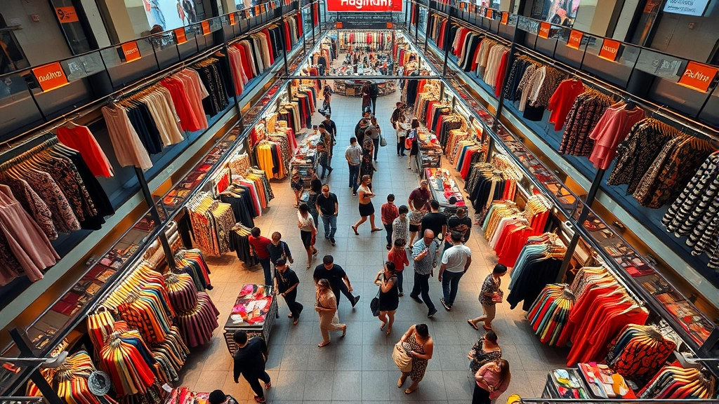 Overhead shot of vibrant Platinum Fashion Mall interior showing multiple vendor stalls with colorful clothing displays, diverse shoppers browsing merchandise, warm lighting highlighting fabric textures and colors, bustling Bangkok fashion marketplace atmosphere