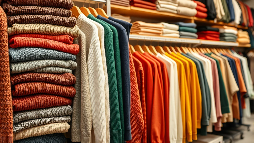 Close-up of carefully arranged fashion pieces on vendor display including folded sweaters, hanging garments in various colors, organized merchandise shelves showing quality craftsmanship, professional retail presentation of wholesale fashion items