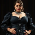 Plus-size model wearing structured black Victorian-style corset dress with puffed sleeves and ornate silver jewelry, standing confidently in dramatic lighting