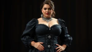 Plus-size model wearing structured black Victorian-style corset dress with puffed sleeves and ornate silver jewelry, standing confidently in dramatic lighting