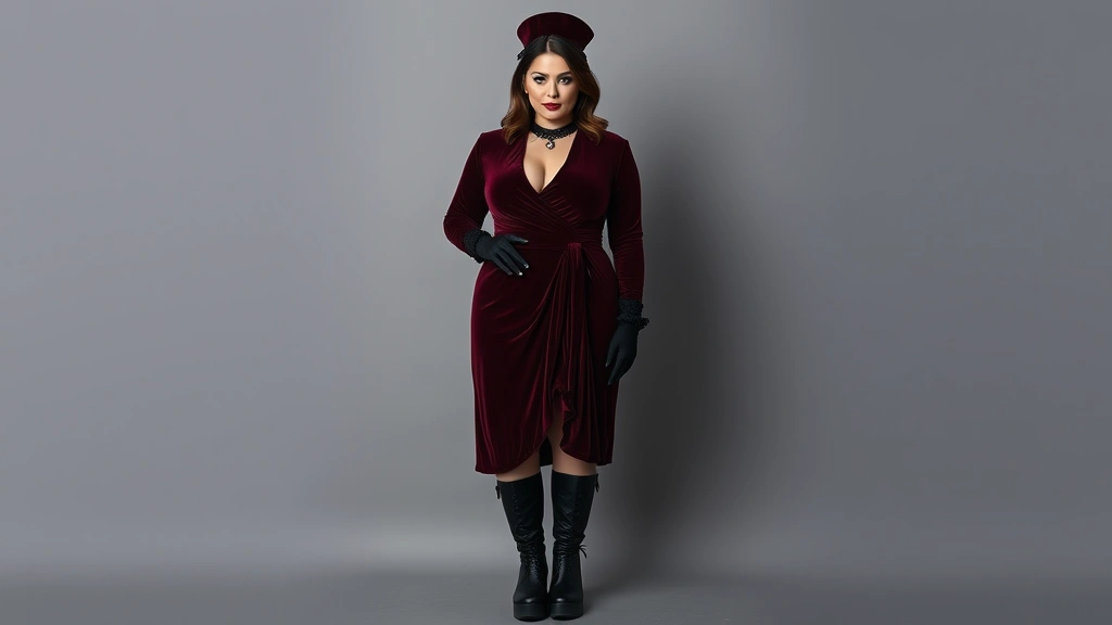 Plus-size goth fashion styling showing burgundy velvet wrap dress with black platform boots, long black gloves, and dramatic makeup, full-length portrait shot