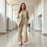 Woman wearing oversized beige linen blazer with wide-leg neutral trousers and cream leather loafers, standing in modern minimalist mall corridor with natural lighting, confident pose showcasing quiet luxury aesthetic