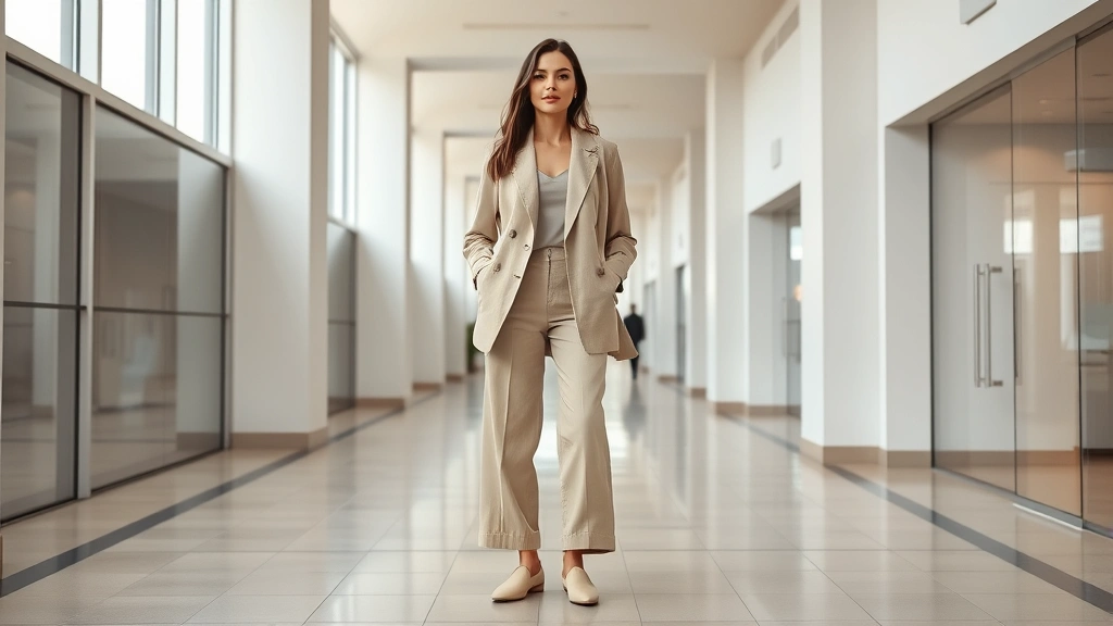 Woman wearing oversized beige linen blazer with wide-leg neutral trousers and cream leather loafers, standing in modern minimalist mall corridor with natural lighting, confident pose showcasing quiet luxury aesthetic