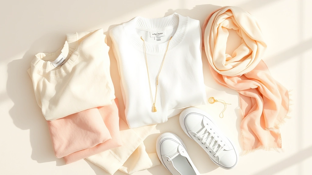 Flat lay of spring fashion items including folded linen pieces, pastel colored sweaters, white sneakers, delicate gold jewelry, and silk scarves arranged on soft neutral background with natural daylight shadows