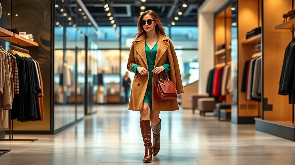 Fashion-forward woman styling jewel-tone emerald dress with oversized camel wool coat, statement leather handbag, and polished boots, walking through contemporary retail space with warm ambient lighting