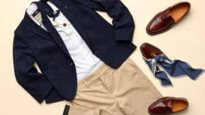 Flat lay of preppy wardrobe essentials: navy blazer, white oxford shirt, tailored khaki trousers, pearl necklace, leather loafers, and silk scarf arranged on cream background. Clean, minimalist composition showcasing classic pieces