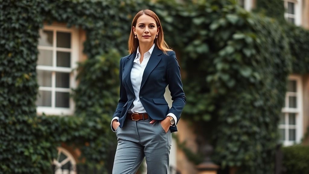 Elegant woman wearing tailored navy blazer, crisp white collared shirt, and tailored gray trousers, standing near ivy-covered building. Styled with gold jewelry, leather belt, and classic loafers. Soft natural lighting emphasizing refined aesthetic