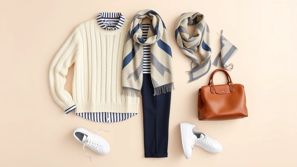 Preppy casual outfit styled on neutral backdrop: cream cable knit sweater layered over striped shirt, tailored navy trousers, white leather sneakers, structured leather handbag, and silk scarf. Demonstrates modern preppy styling approach with contemporary proportions