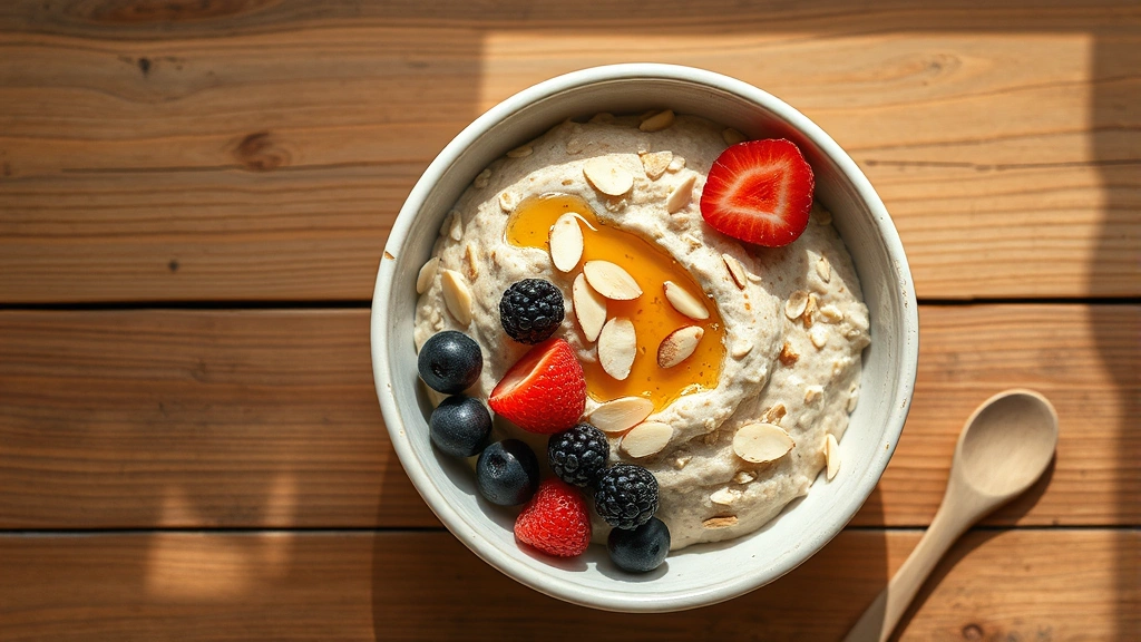 Overhead flat lay of a ceramic bowl filled with creamy old-fashioned oats, topped with fresh berries, sliced almonds, and a drizzle of honey on a rustic wooden table with natural morning light, minimalist aesthetic, warm tones, no text or logos visible