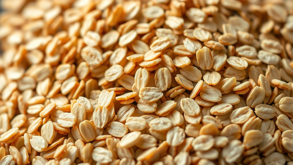 Close-up detail of rolled oat groats showing texture and individual oat flakes in soft natural lighting, emphasizing the quality and wholeness of the grain, earthy tones, artisanal presentation, no packaging visible