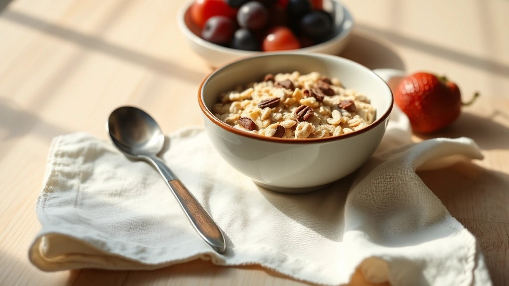 Styled breakfast scene with vintage ceramic bowl of oatmeal, antique wooden spoon, fresh fruit arrangement, and a simple linen napkin on a light wood surface, warm sunlight streaming across, clean minimalist composition, no brand logos or text