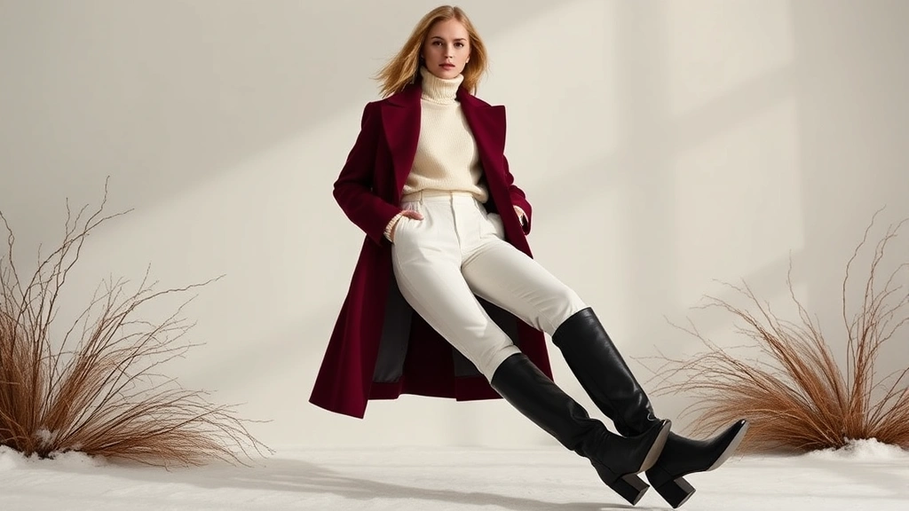 Luxurious winter white fashion shoot featuring cream cashmere turtleneck layered under rich burgundy wool coat, paired with tailored ivory trousers and black leather knee-high boots, styled against neutral backdrop with dramatic lighting