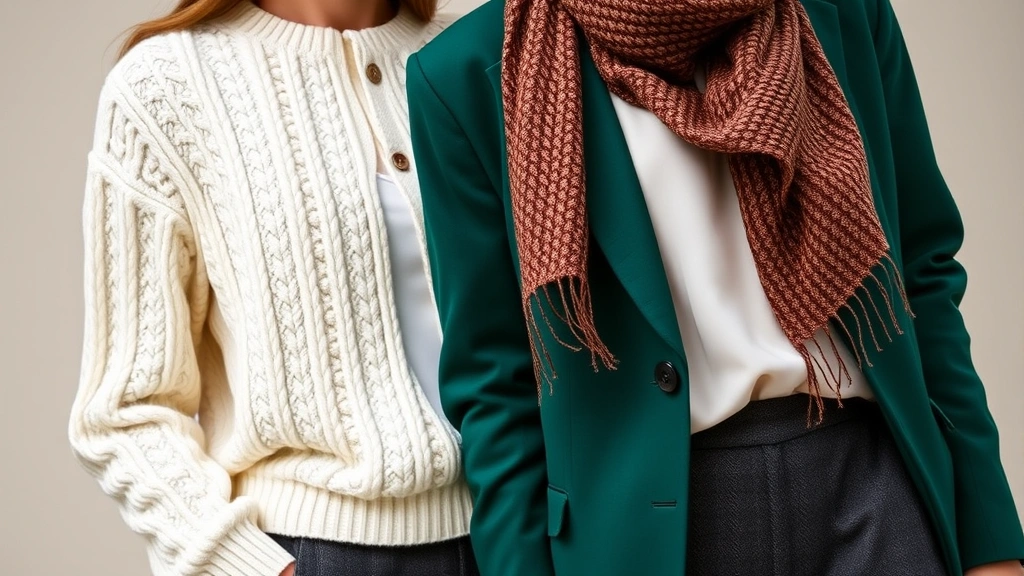 Fashion-forward autumn styling with off-white cable-knit sweater worn over white silk camisole, paired with deep emerald green tailored blazer and charcoal wool trousers, completed with cognac leather accessories and textured scarf