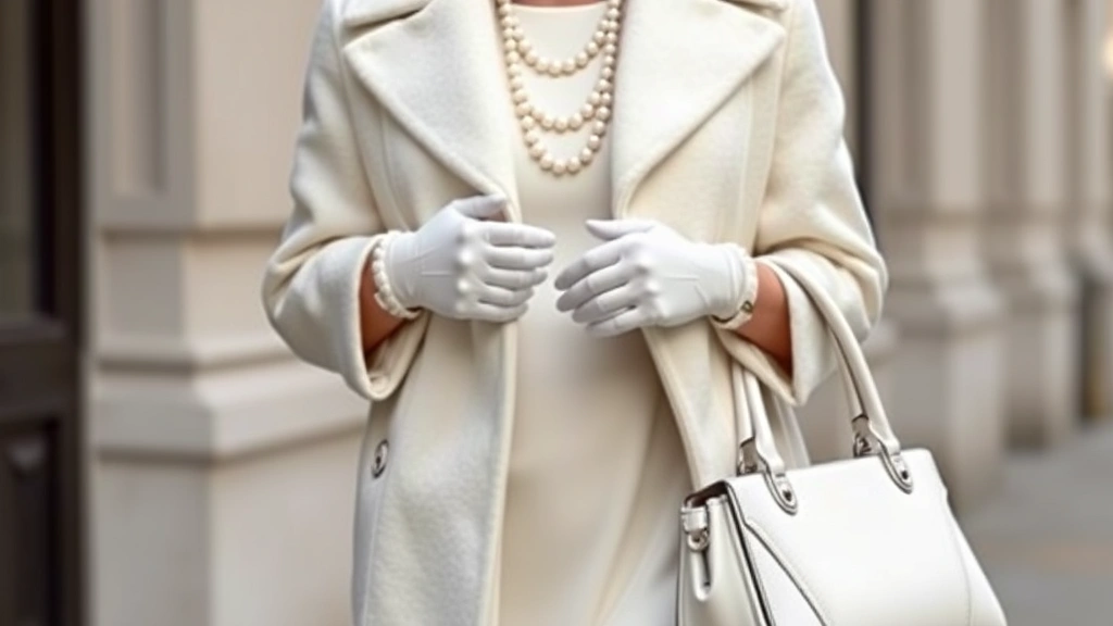 Sophisticated winter white ensemble featuring ivory wool coat over cream-colored dress, accessorized with pearl jewelry, white leather gloves, and structured white handbag, styled with dark accessories for elegant contrast and seasonal appropriateness