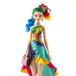 Vibrant Rainbow High fashion doll wearing colorful asymmetrical outfit with detailed accessories, standing against clean white background, professional product photography style
