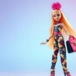 Vibrant Rainbow High fashion doll with detailed outfit featuring geometric patterns and coordinated accessories, posed dynamically against gradient backdrop, professional product photography style