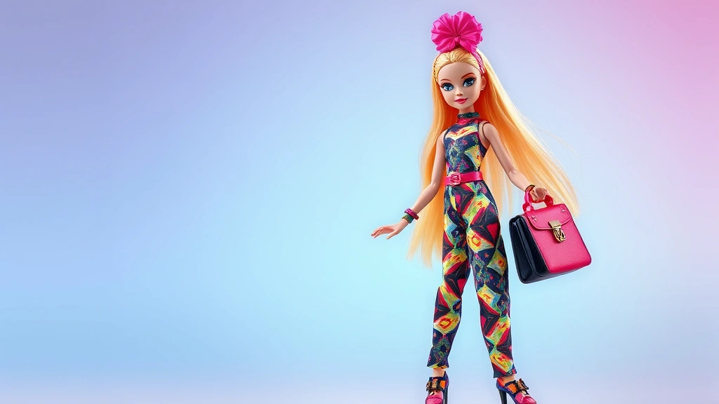 Vibrant Rainbow High fashion doll with detailed outfit featuring geometric patterns and coordinated accessories, posed dynamically against gradient backdrop, professional product photography style