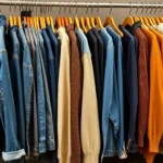 Well-organized thrift store clothing racks with vintage denim, sweaters, and jackets neatly arranged, natural lighting highlighting fabric textures and colors, diverse style pieces displayed
