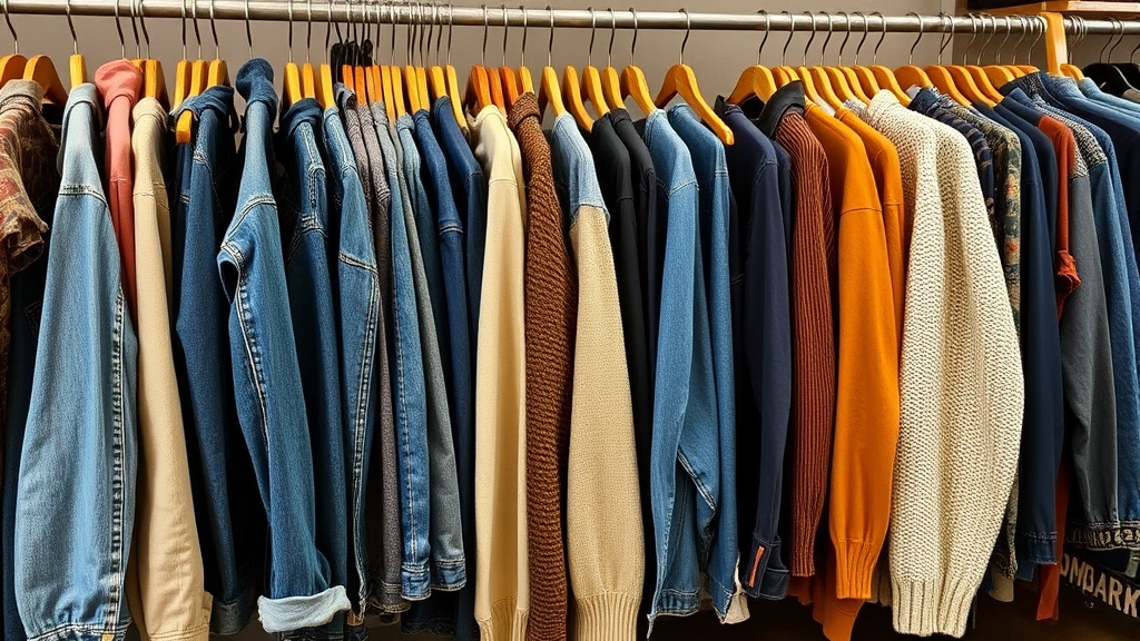 Well-organized thrift store clothing racks with vintage denim, sweaters, and jackets neatly arranged, natural lighting highlighting fabric textures and colors, diverse style pieces displayed