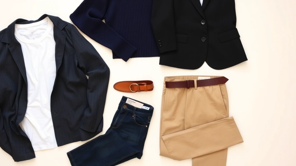 Minimalist capsule wardrobe flat lay showing coordinating neutral pieces: white t-shirt, dark jeans, navy sweater, khaki chinos, black blazer, leather belt arranged neatly on light background