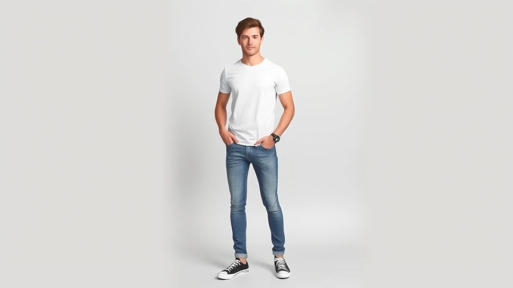 Young man wearing budget-friendly styled outfit: fitted basic t-shirt, well-tailored jeans, simple watch, casual sneakers, confident posture against neutral background, approachable modern aesthetic