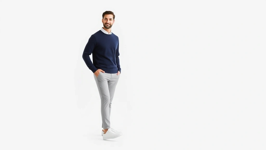 Well-dressed man in coordinated neutral outfit consisting of fitted navy sweater, light gray chinos, and classic white sneakers, standing confidently against minimalist white background, natural daylight, lifestyle photography, approachable masculine style
