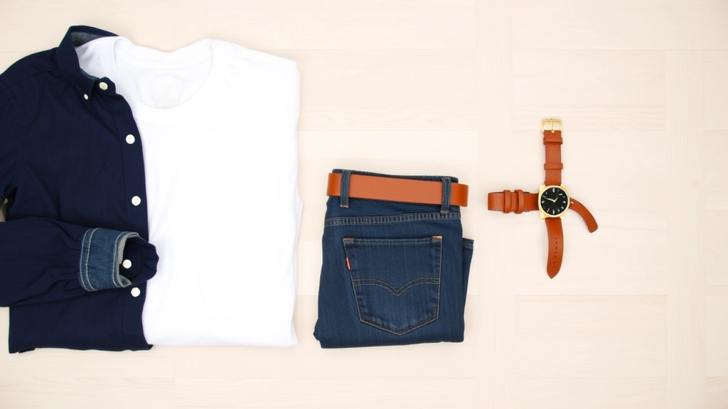 Flat lay arrangement of quality budget basics including folded white t-shirt, navy button-up shirt, medium-wash denim, leather belt, and classic watch on light wooden surface, showing wardrobe essentials and color coordination