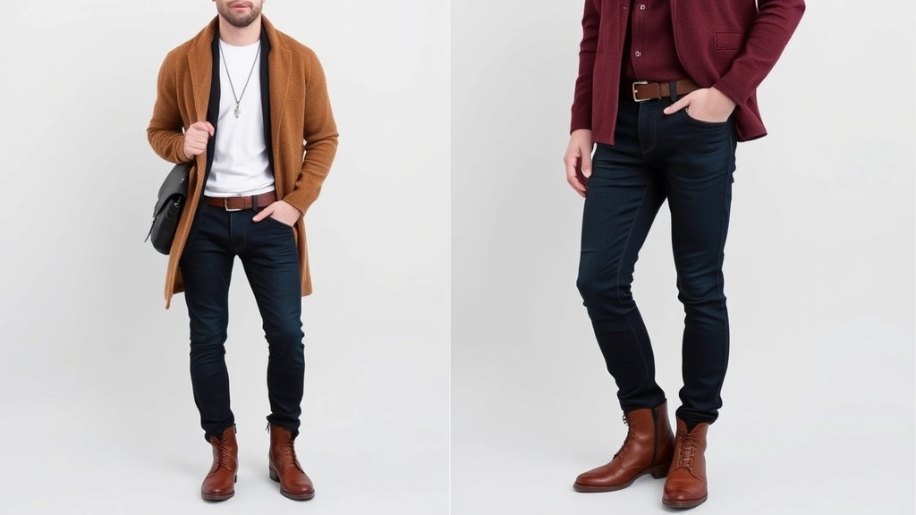 Man wearing layered outfit with white base layer, oversized earth-tone cardigan, and fitted dark jeans, styled with leather accessories and boots, demonstrating how layering and intentional styling elevates budget pieces into premium-looking ensemble