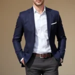 Well-dressed man wearing perfectly fitted navy blazer over crisp white button-up shirt and charcoal chinos, standing confidently in natural daylight, showcasing proper proportions and tailoring