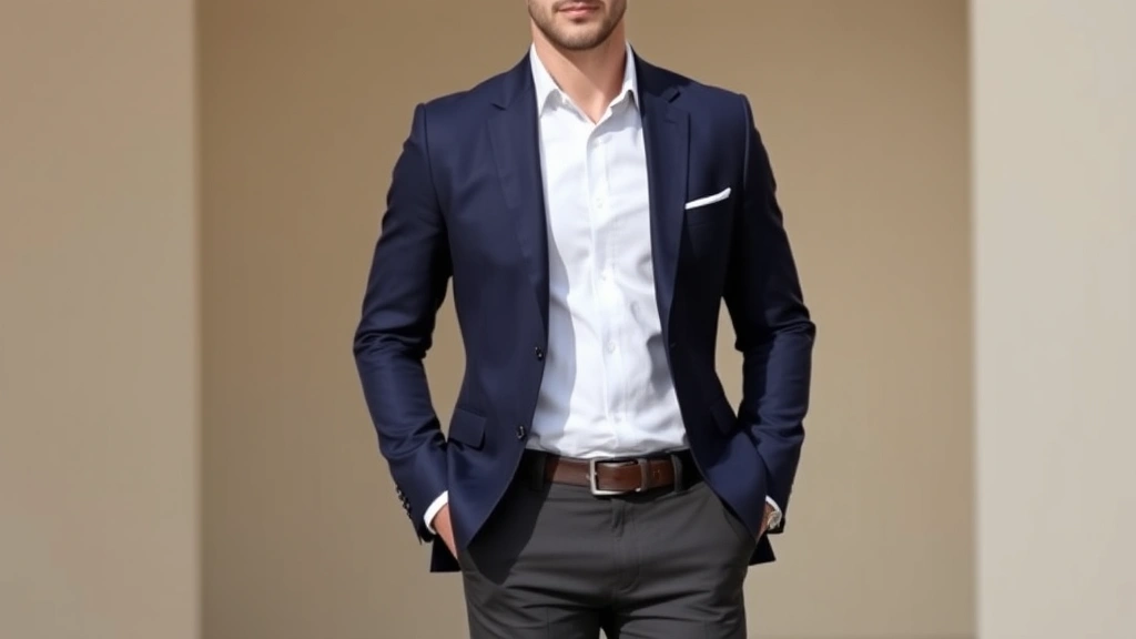 Well-dressed man wearing perfectly fitted navy blazer over crisp white button-up shirt and charcoal chinos, standing confidently in natural daylight, showcasing proper proportions and tailoring