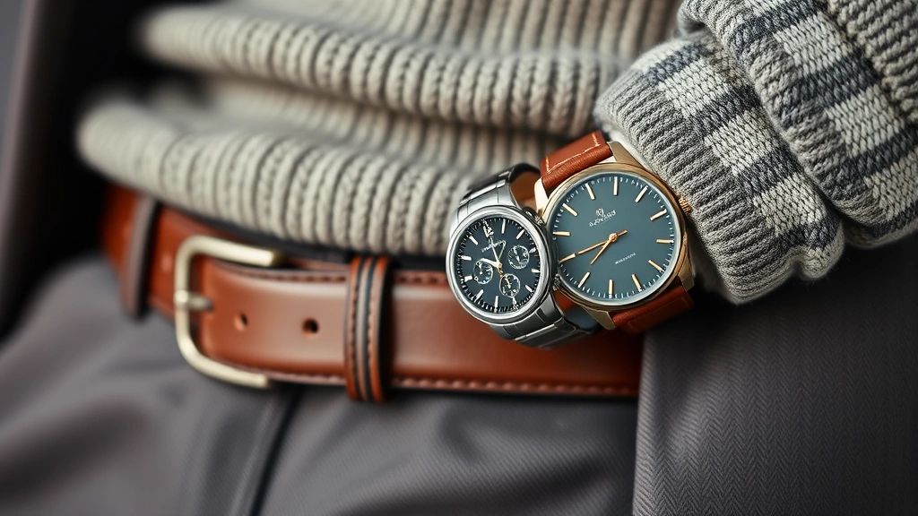 Close-up detail shot of quality men's accessories including leather belt, luxury watch, and textured sweater in complementary neutral tones arranged artfully