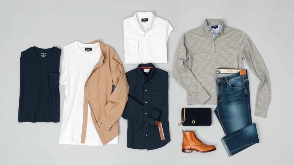 Minimalist men's wardrobe flat lay displaying coordinated capsule pieces in navy, white, gray, and tan including basic t-shirts, button-ups, sweaters, and jeans showing color harmony