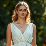 Woman wearing empire waistline cream muslin dress with soft draping, delicate gold necklace, standing in natural garden light with soft focus foliage background, serene and elegant expression