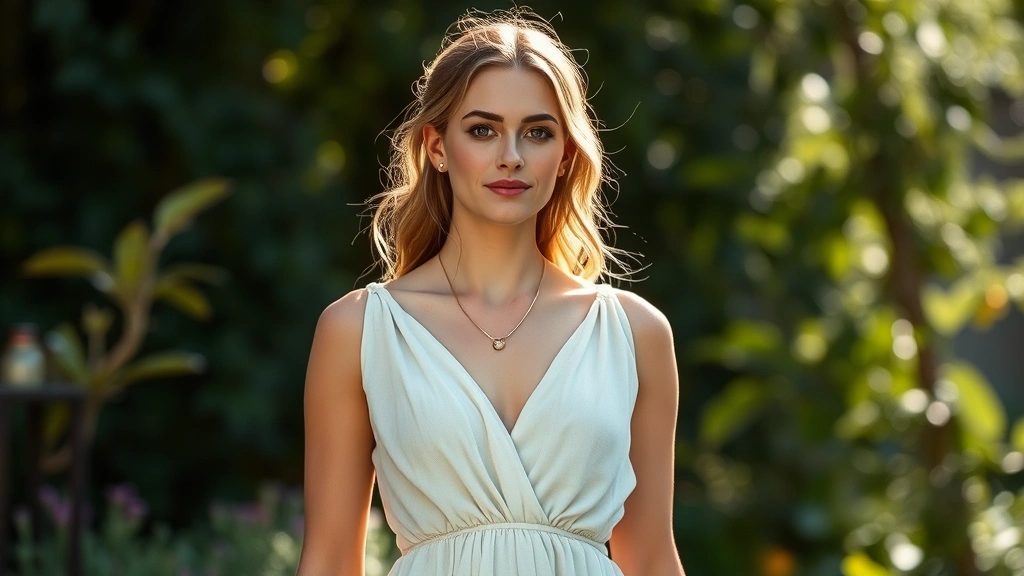 Woman wearing empire waistline cream muslin dress with soft draping, delicate gold necklace, standing in natural garden light with soft focus foliage background, serene and elegant expression