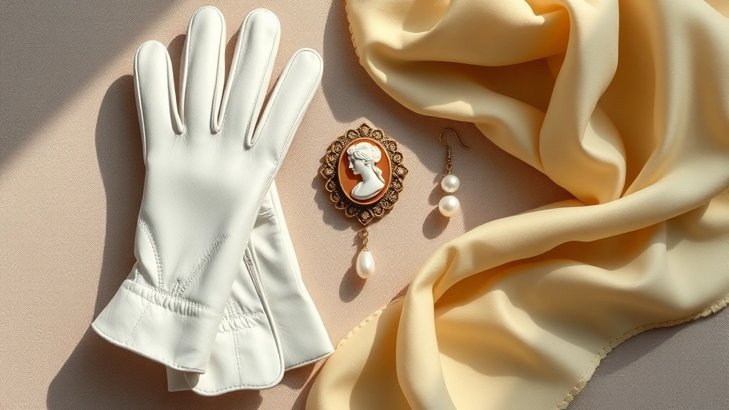 Flat lay of Regency fashion elements: white kid leather gloves, delicate cameo brooch, pearl drop earrings, soft yellow silk fabric swatch, cream linen, arranged artfully on neutral surface with natural lighting