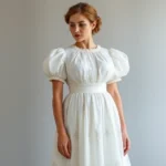 Elegant Regency era white muslin day dress with high empire waistline, short puffed sleeves, and delicate sprigged floral pattern, woman standing in refined pose