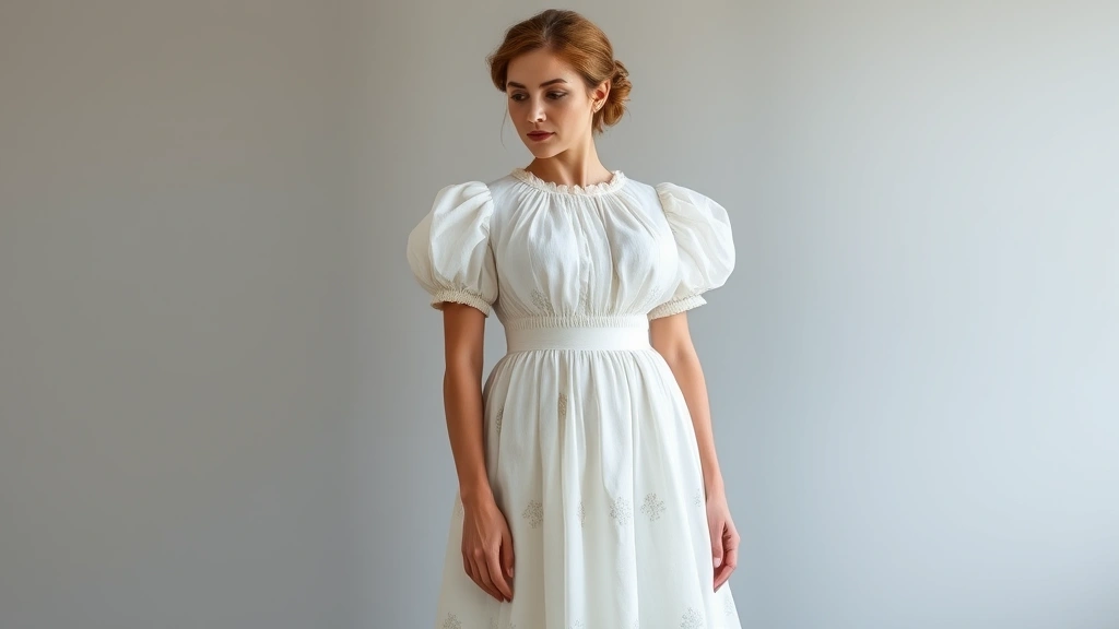 Elegant Regency era white muslin day dress with high empire waistline, short puffed sleeves, and delicate sprigged floral pattern, woman standing in refined pose