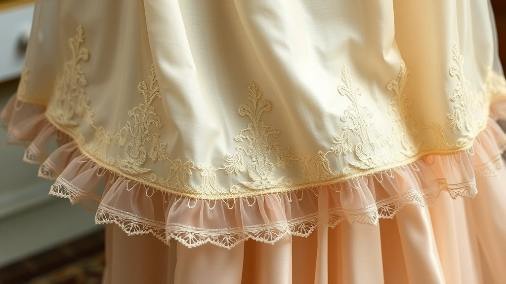 Close-up detail of Regency evening gown showing intricate embroidery on pale silk fabric, decorative hem trim, and sheer gauze layering creating ethereal effect