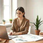 Professional woman working at laptop with fabric swatches and design sketches on desk, natural lighting, minimalist home office aesthetic with plants, focused expression, fashion design mood