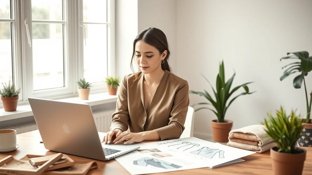Professional woman working at laptop with fabric swatches and design sketches on desk, natural lighting, minimalist home office aesthetic with plants, focused expression, fashion design mood