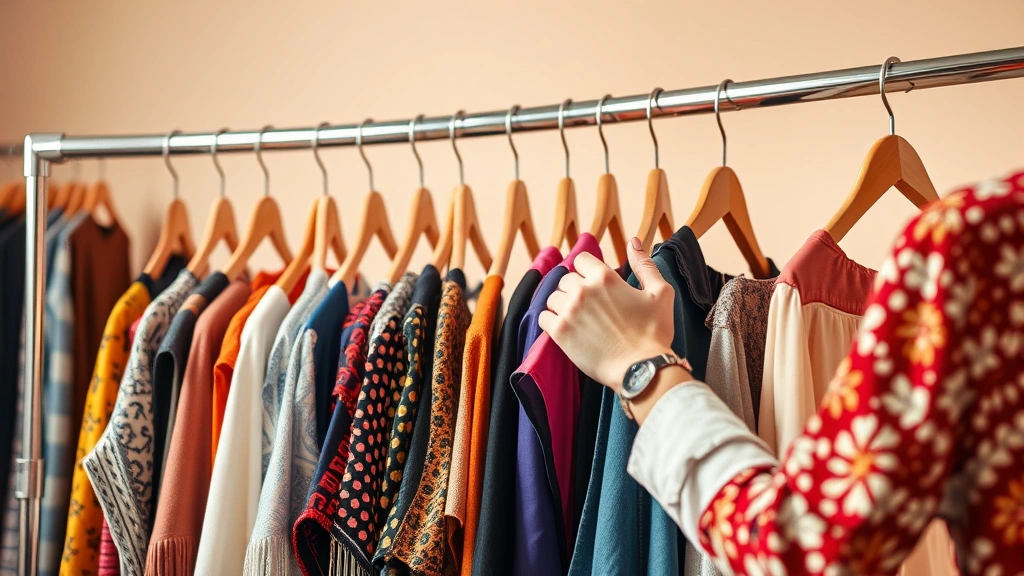 Fashion stylist arranging colorful clothing on rack, hands holding designer garments, warm studio lighting, diverse fabric textures visible, professional wardrobe consultation setup, creative workspace