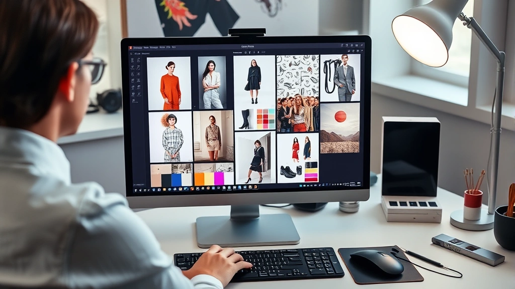 Person at computer screen showing mood board with fashion inspiration images, color palette, and design concepts, modern desk setup, creative digital workspace, fashion industry tools visible