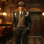 Well-dressed man in 1920s three-piece suit with wide-legged trousers, patterned vest, and fedora hat standing confidently in vintage speakeasy setting with art deco details
