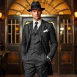 Well-dressed man in charcoal 1920s suit with high-waisted trousers, fedora hat, polished oxfords, and pocket square, standing in vintage speakeasy setting with art deco background