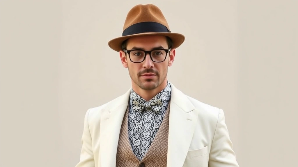 Vintage-inspired gentleman in cream sport coat, patterned shirt, bow tie, and trilby hat, posed confidently in classic Jazz Age aesthetic with soft natural lighting