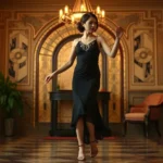 Young woman wearing classic flapper dress with dropped waistline, beaded details, and T-strap heels, dancing in an art deco-inspired interior, embodying 1920s elegance and liberation