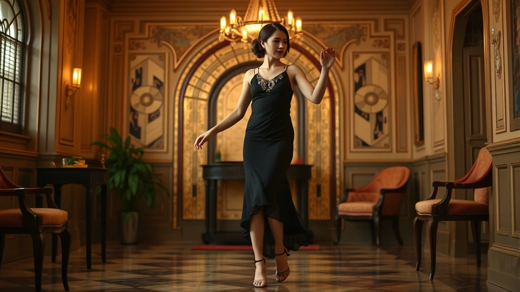 Young woman wearing classic flapper dress with dropped waistline, beaded details, and T-strap heels, dancing in an art deco-inspired interior, embodying 1920s elegance and liberation