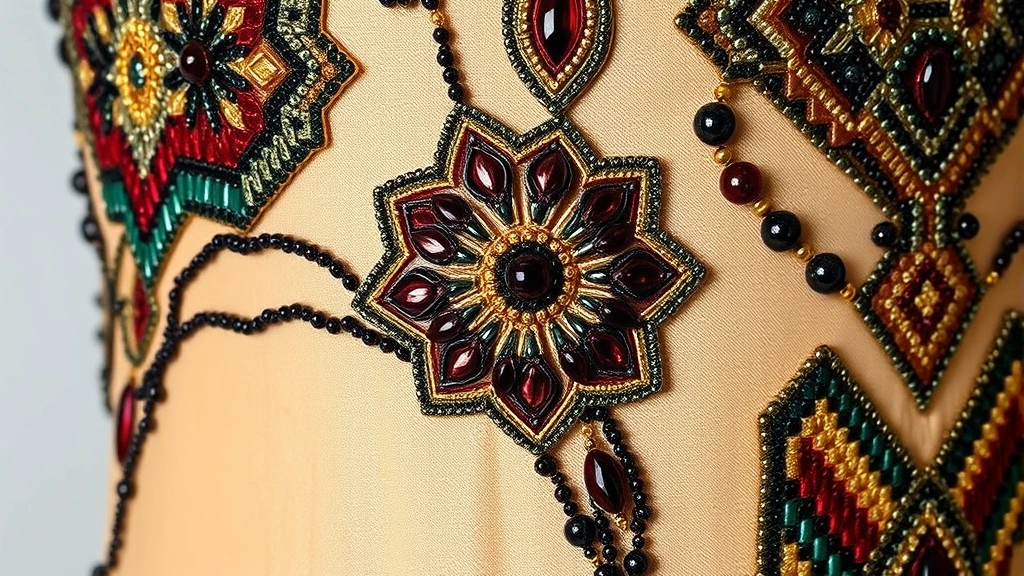 Close-up detail of intricate beadwork on a 1920s evening gown featuring geometric art deco patterns in jewel tones, showcasing the era's craftsmanship and embellishment techniques
