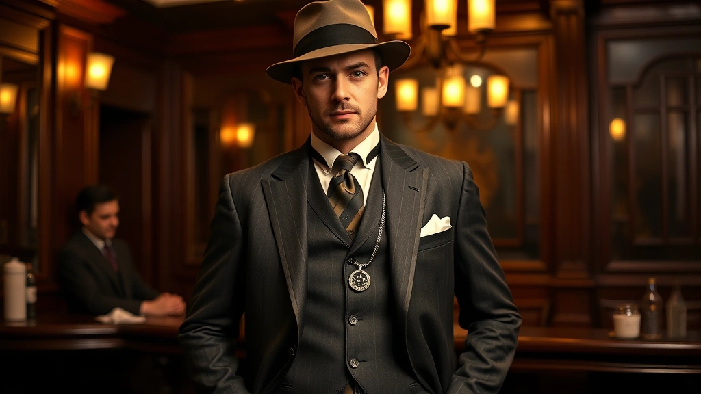 Well-dressed gentleman in three-piece suit with high button stance, fedora hat, and pocket watch chain, standing confidently in 1920s speakeasy setting, representing men's sophisticated fashion evolution